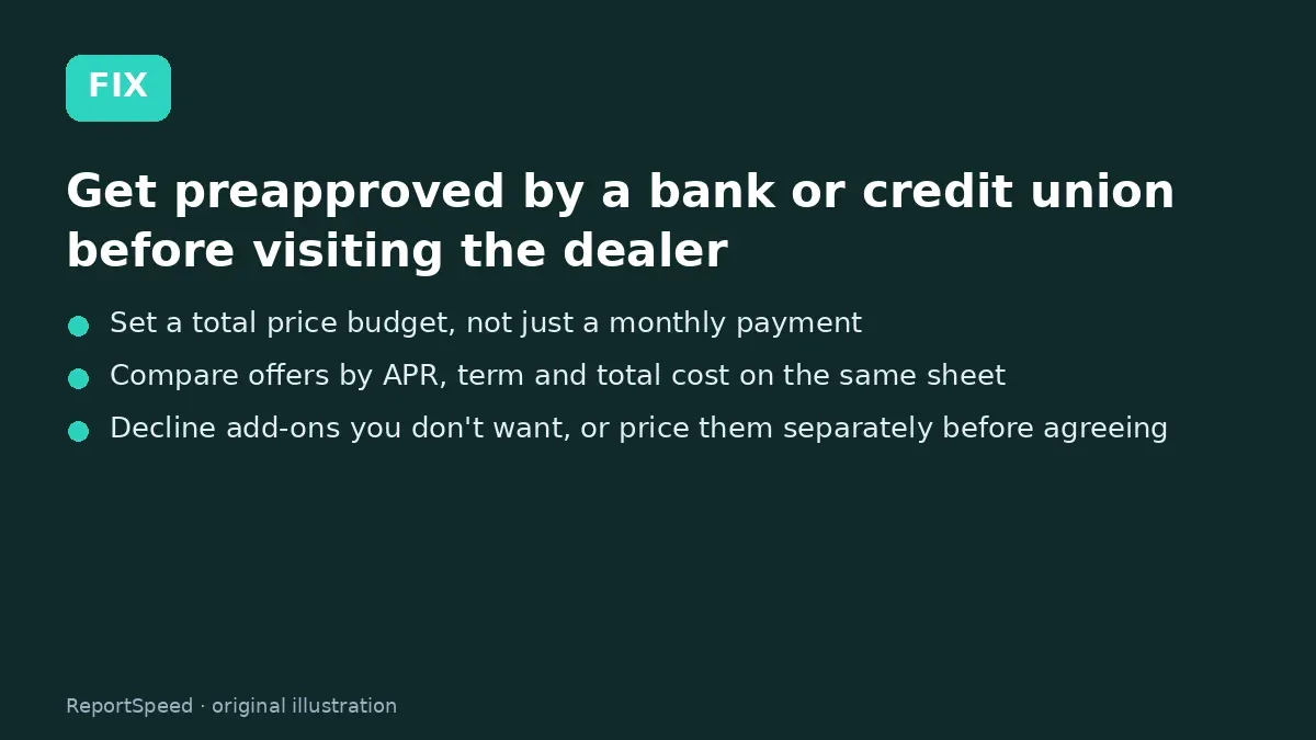 Fix steps: Get preapproved by a bank or credit union before visiting…; Set a total price budget, not just a monthly payment; Compare offers by APR, term and total cost on the same sheet