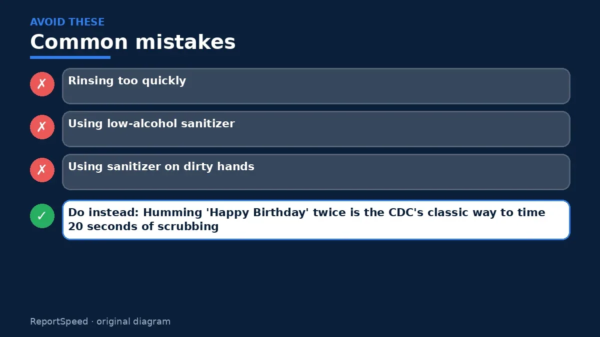 Callout graphic of common mistakes to avoid and what to do instead for Hand sanitizer vs washing hands