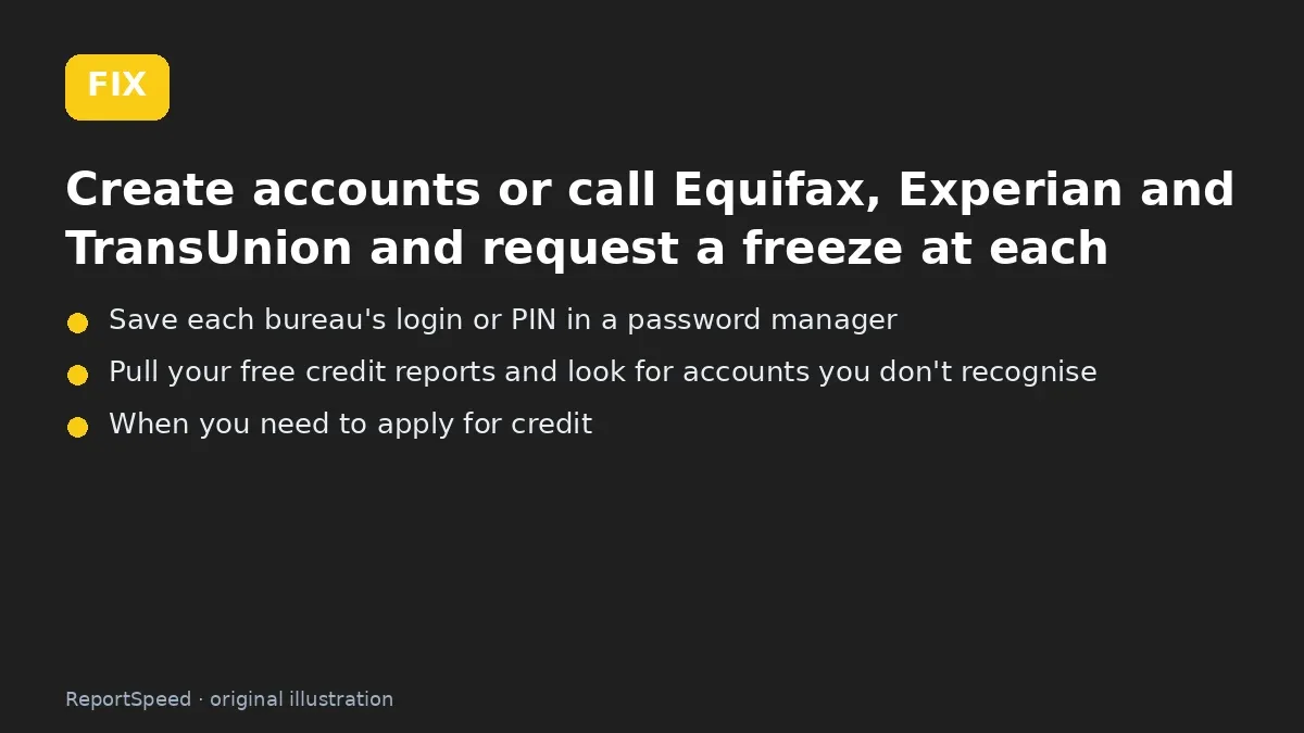 Fix steps: Create accounts or call Equifax; Save each bureau's login or PIN in a password manager; Pull your free credit reports and look for accounts you…