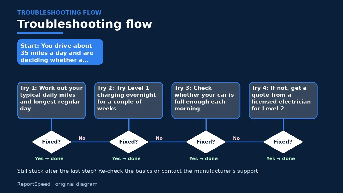 Troubleshooting flowchart: try each step in order and stop when it is fixed — Level 1 vs Level 2 EV charging at home