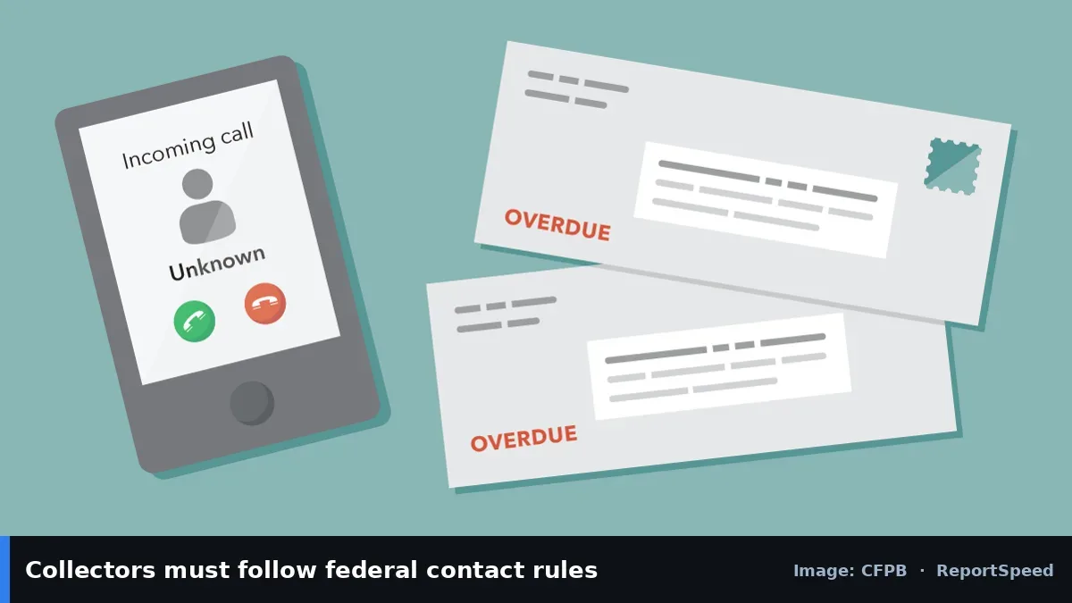 CFPB illustration of a phone call and overdue letters (CFPB official image), annotated: Collectors must follow federal contact rules