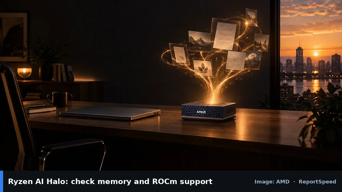 AMD Ryzen AI Halo mini PC (AMD official image), annotated: Ryzen AI Halo: check memory and ROCm support