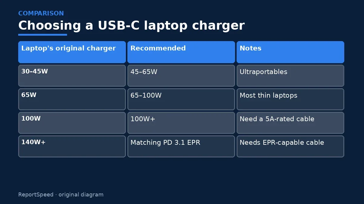 Comparison chart: Choosing a USB-C laptop charger