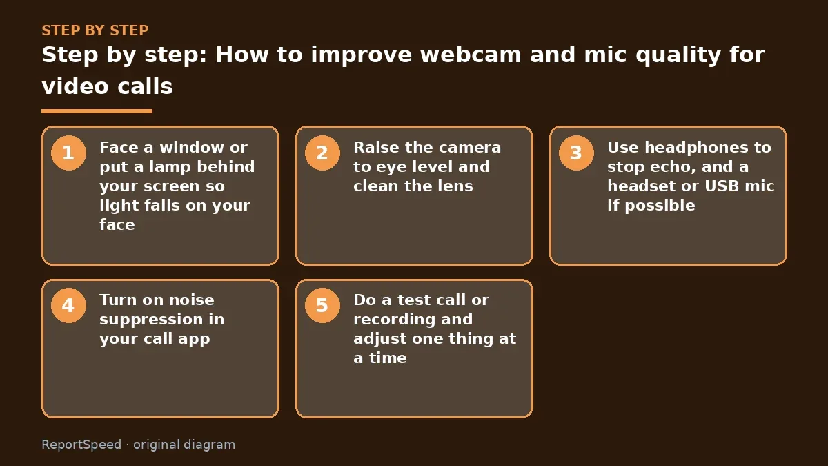 Step illustration: numbered steps for How to improve webcam and mic quality for video calls