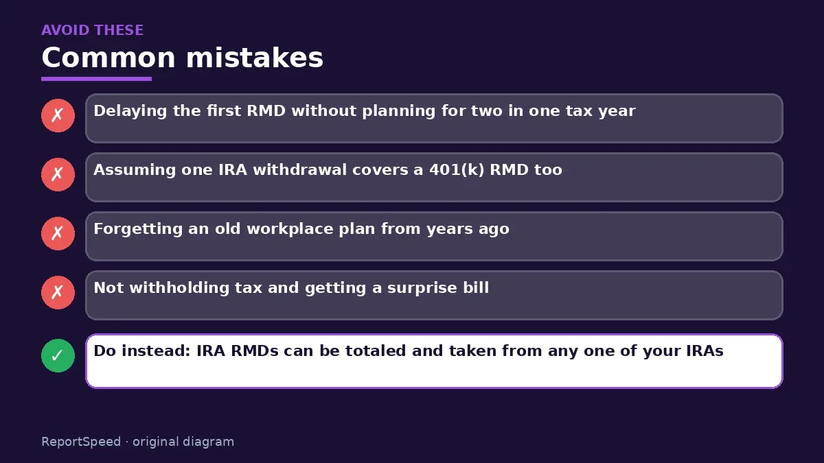 Callout graphic of common mistakes to avoid and what to do instead for Required minimum distributions