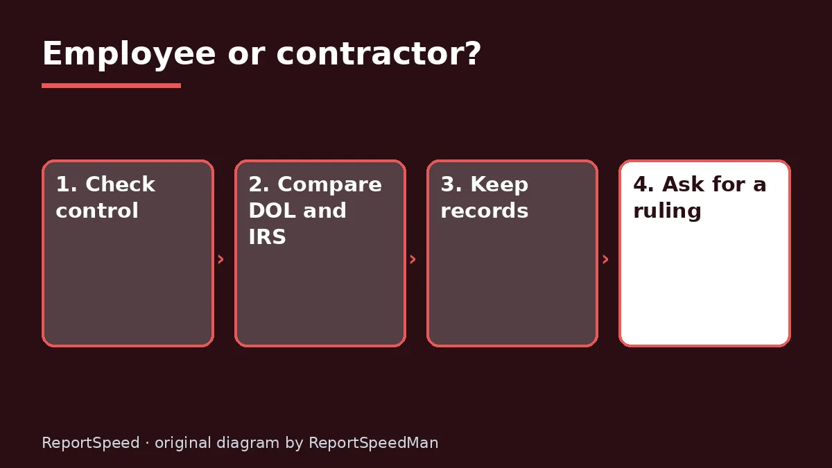 Diagram: Employee or contractor? — Check control; Compare DOL and IRS; Keep records; Ask for a ruling