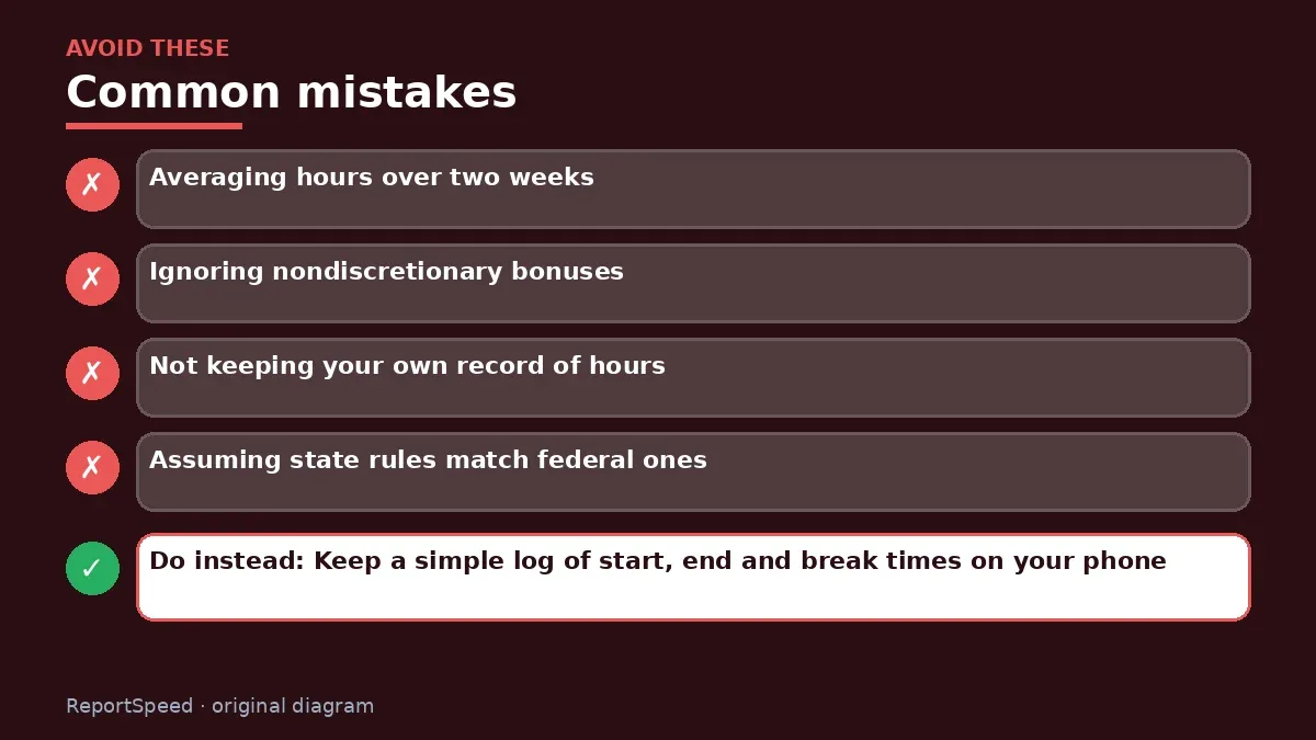 Callout graphic of common mistakes to avoid and what to do instead for How is overtime pay calculated