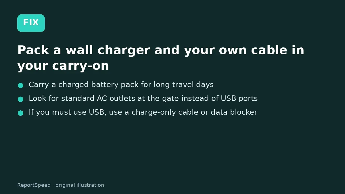 Fix steps: Pack a wall charger and your own cable in your carry-on; Carry a charged battery pack for long travel days; Look for standard AC outlets at the gate instead of USB…