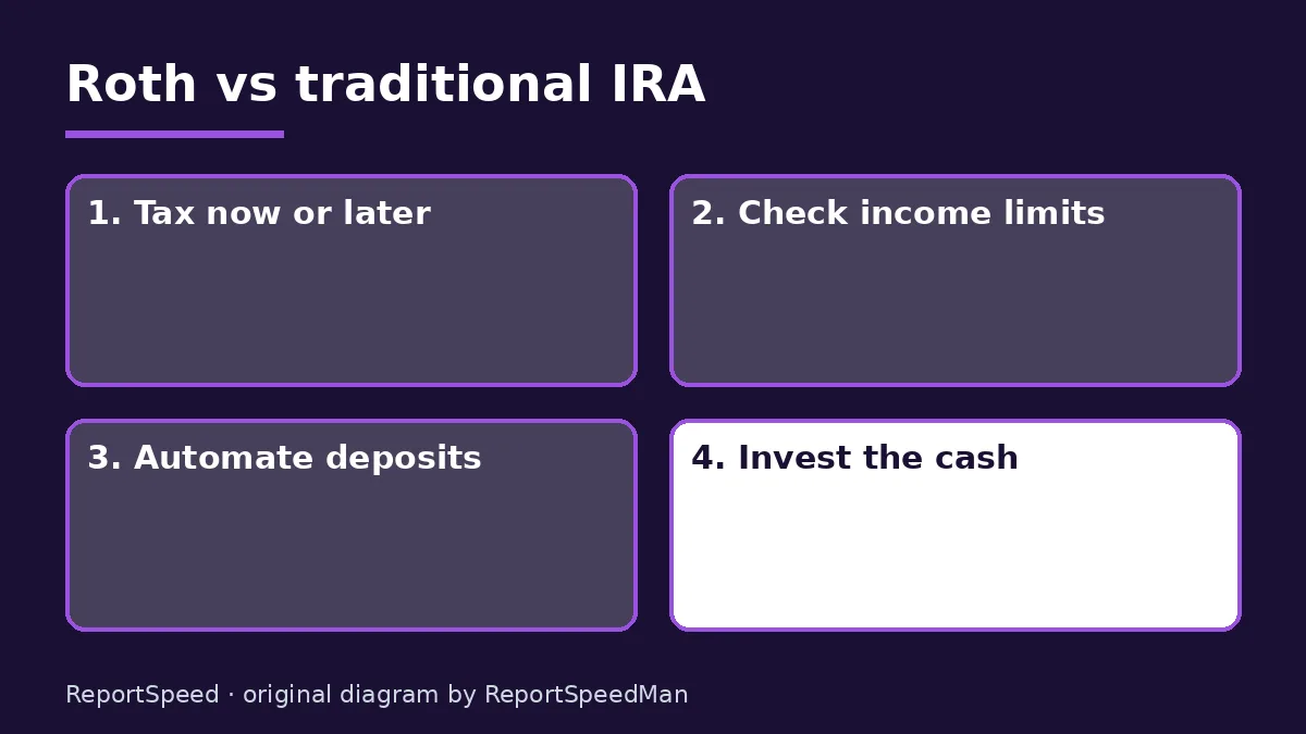 Diagram: Roth vs traditional IRA — Tax now or later; Check income limits; Automate deposits; Invest the cash