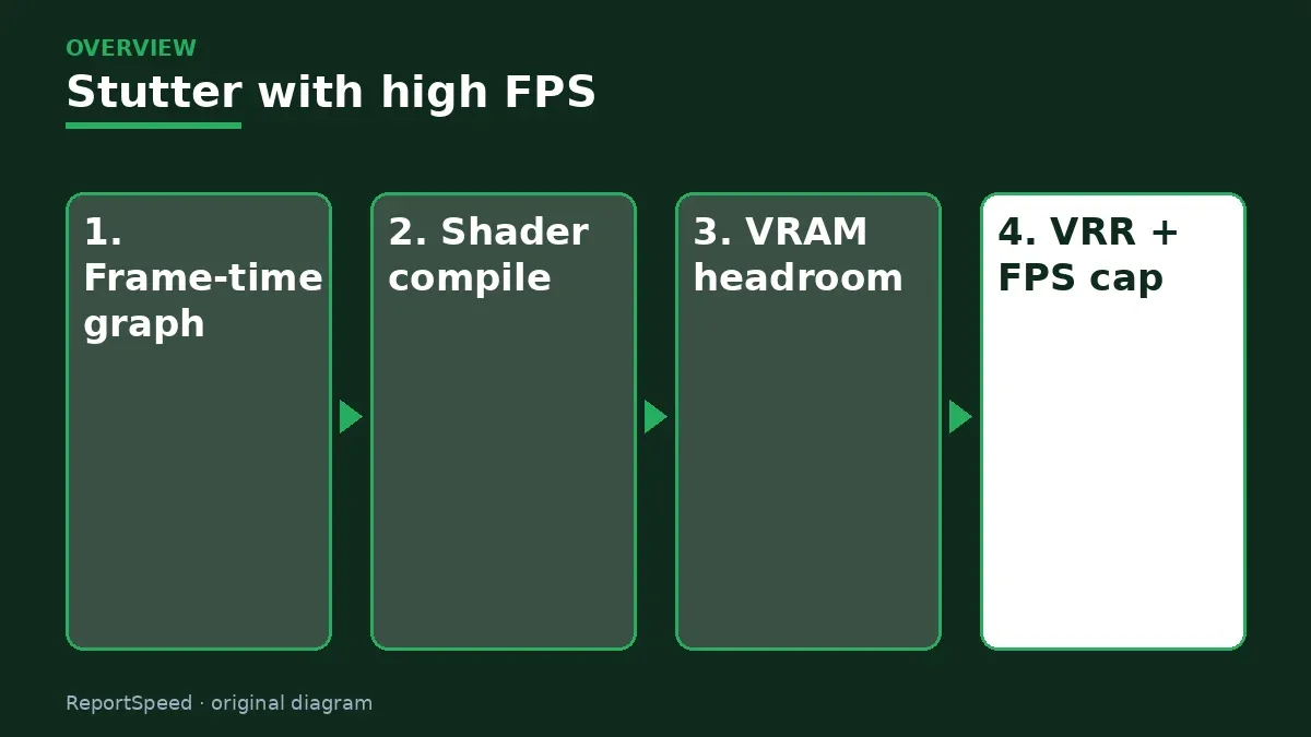 Overview diagram: Stutter with high FPS — Frame-time graph; Shader compile; VRAM headroom; VRR + FPS cap