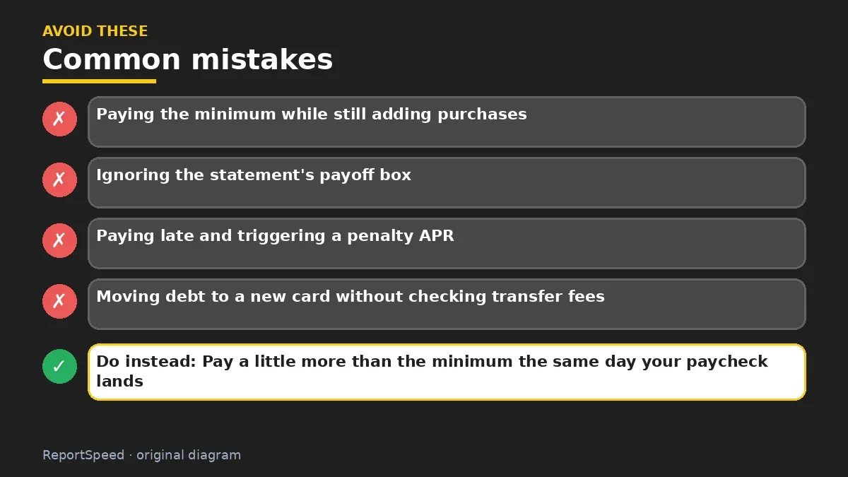 Callout graphic of common mistakes to avoid and what to do instead for What happens if I only pay the minimum on my credit card