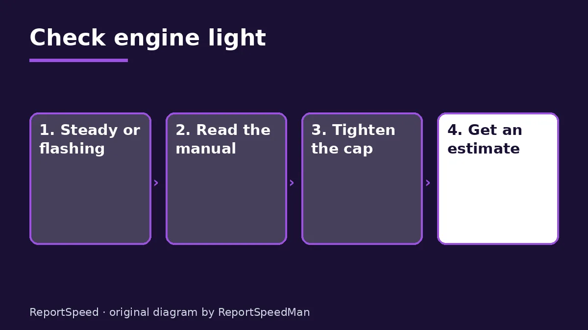 Diagram: Check engine light — Steady or flashing; Read the manual; Tighten the cap; Get an estimate