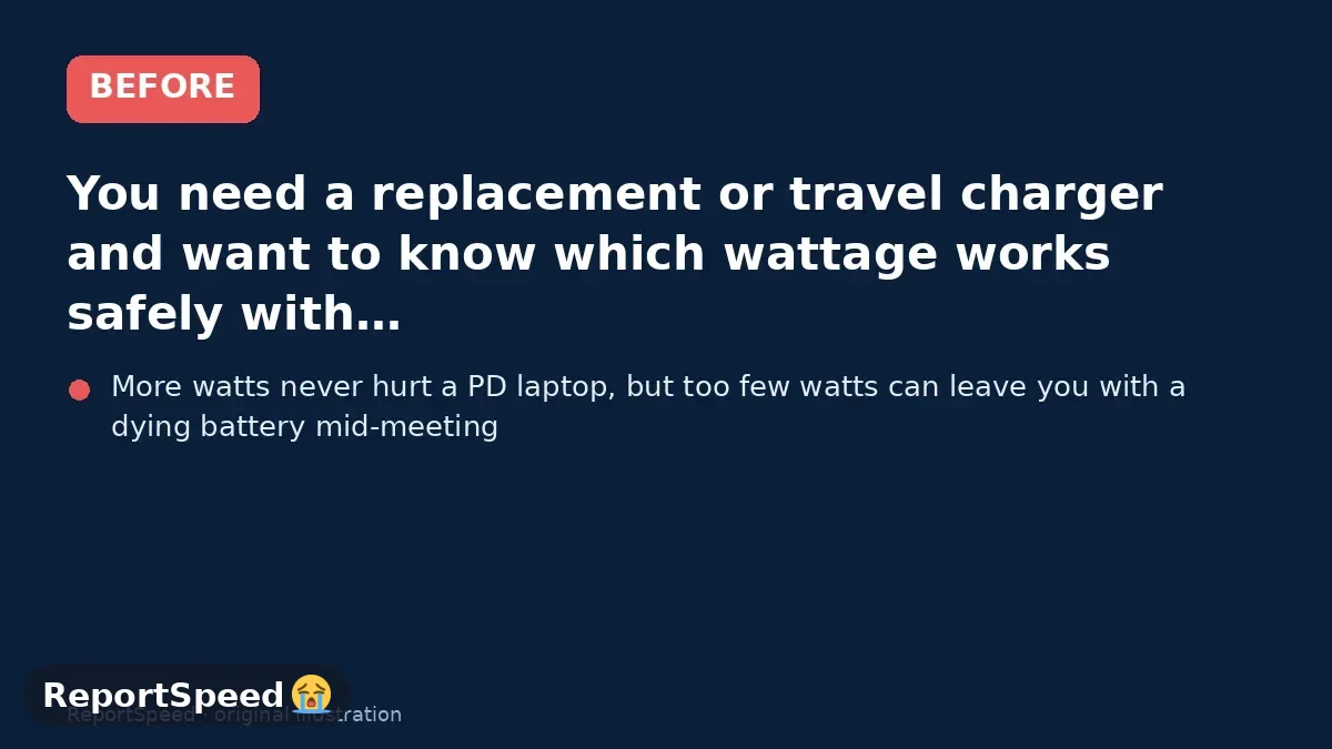 Before: You need a replacement or travel charger and want to know which wattage works safely with your laptop