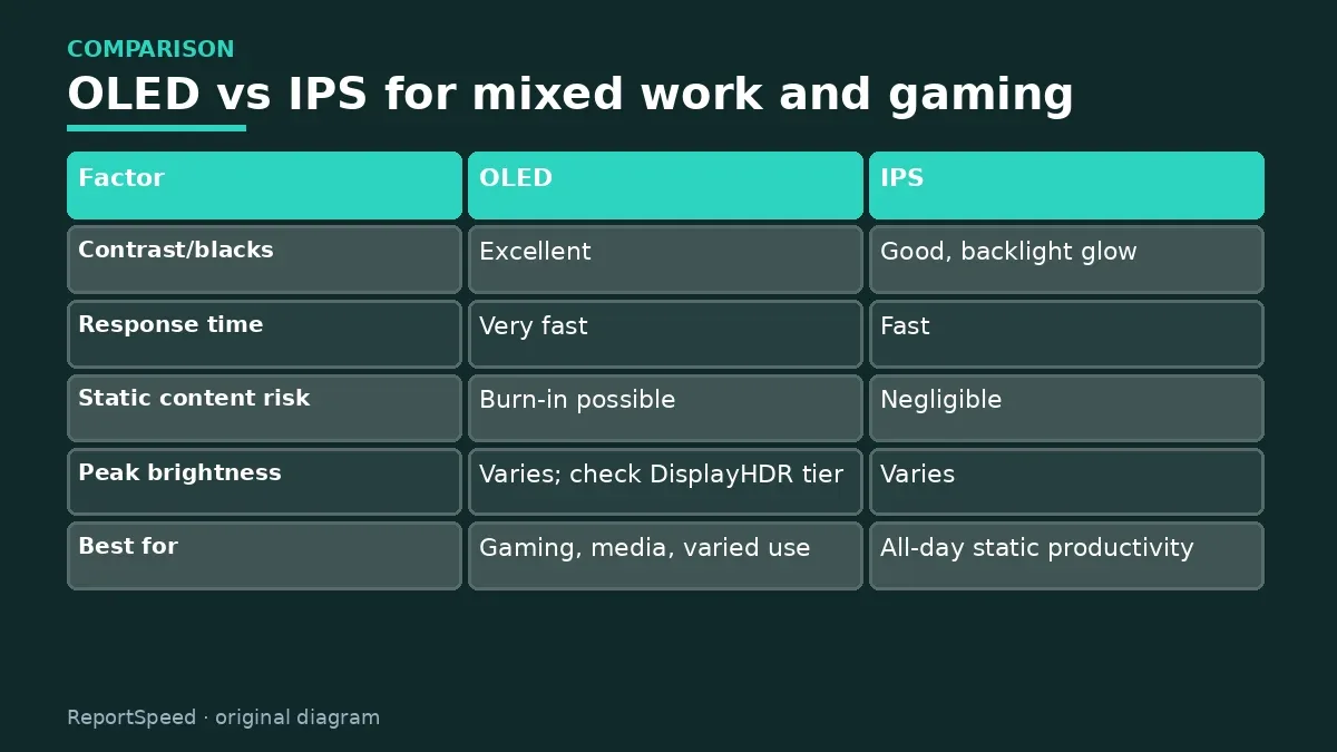 Comparison chart: OLED vs IPS for mixed work and gaming
