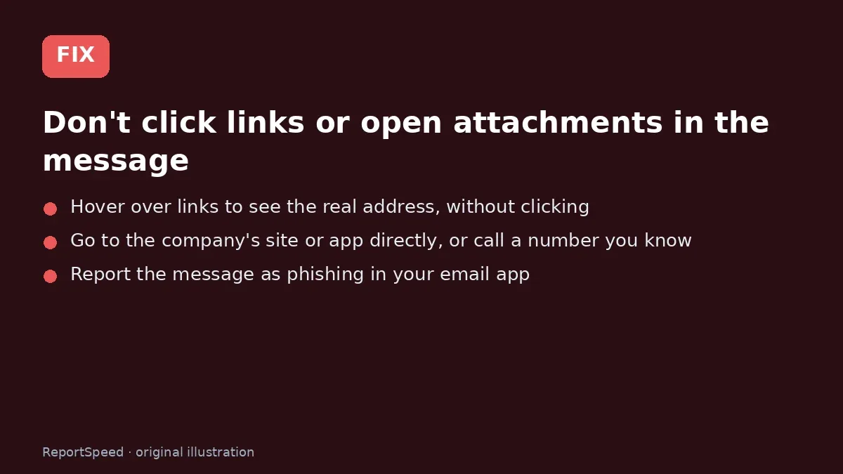 Fix steps: Don't click links or open attachments in the message; Hover over links to see the real address, without clicking; Go to the company's site or app directly
