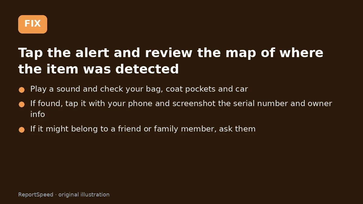 Fix steps: Tap the alert and review the map of where the item was…; Play a sound and check your bag, coat pockets and car; If found