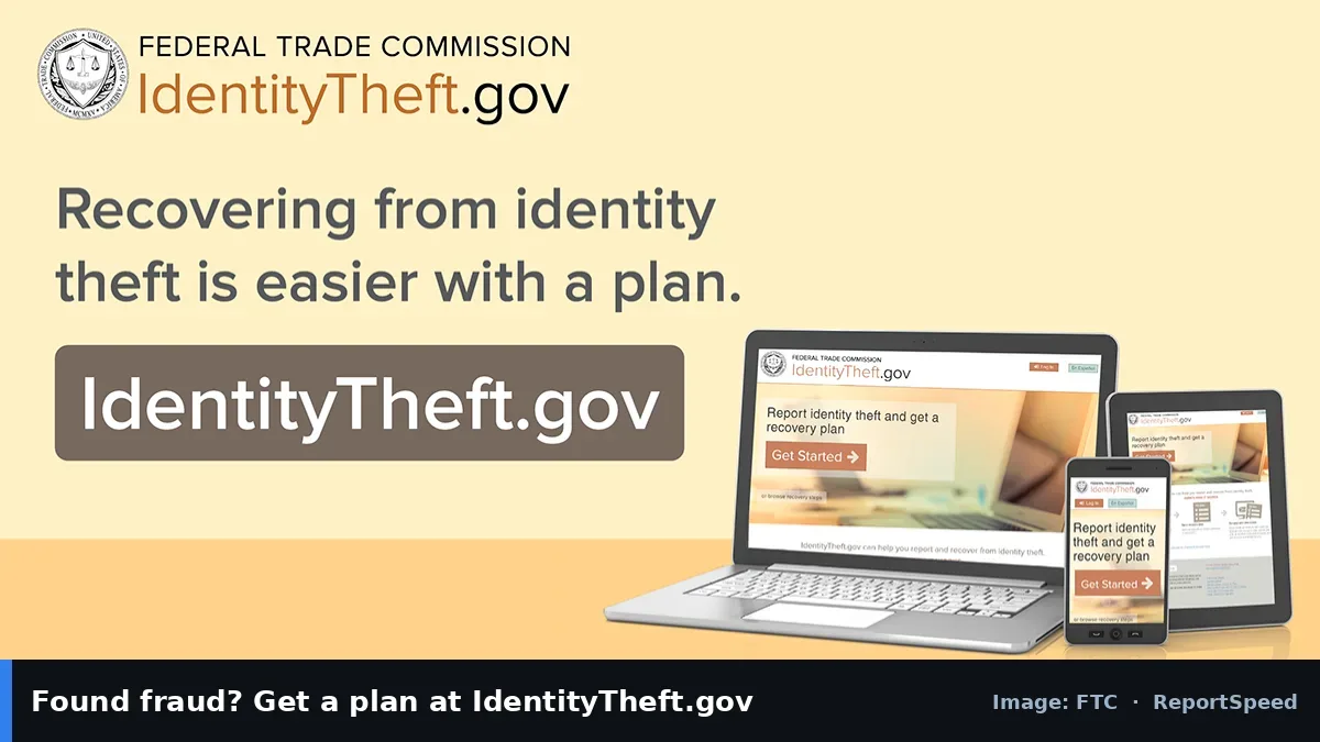 FTC IdentityTheft.gov recovery site on devices (FTC official image), annotated: Found fraud? Get a plan at IdentityTheft.gov