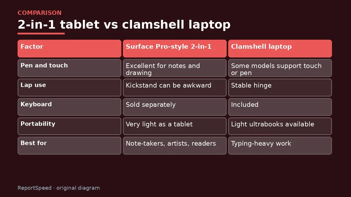 Comparison chart: 2-in-1 tablet vs clamshell laptop