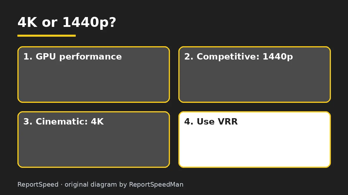 Diagram: 4K or 1440p? — GPU performance; Competitive: 1440p; Cinematic: 4K; Use VRR