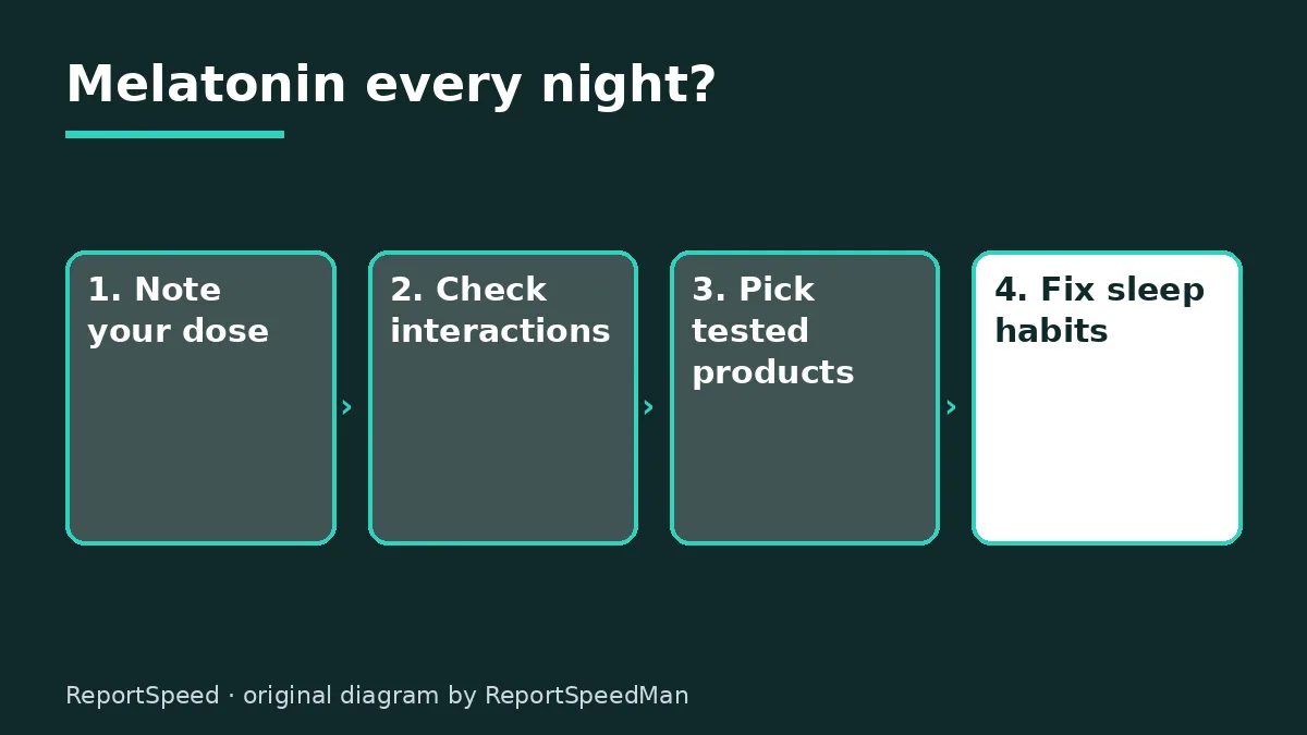 Diagram: Melatonin every night? — Note your dose; Check interactions; Pick tested products; Fix sleep habits