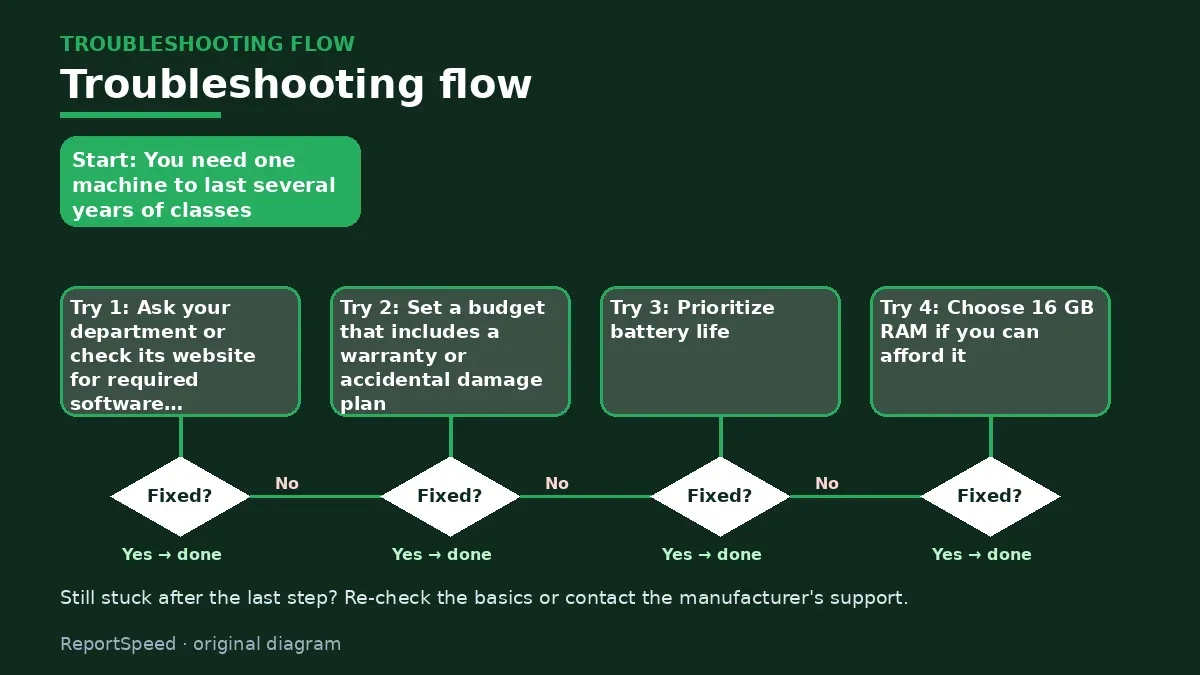 Troubleshooting flowchart: try each step in order and stop when it is fixed — How to choose a laptop for college