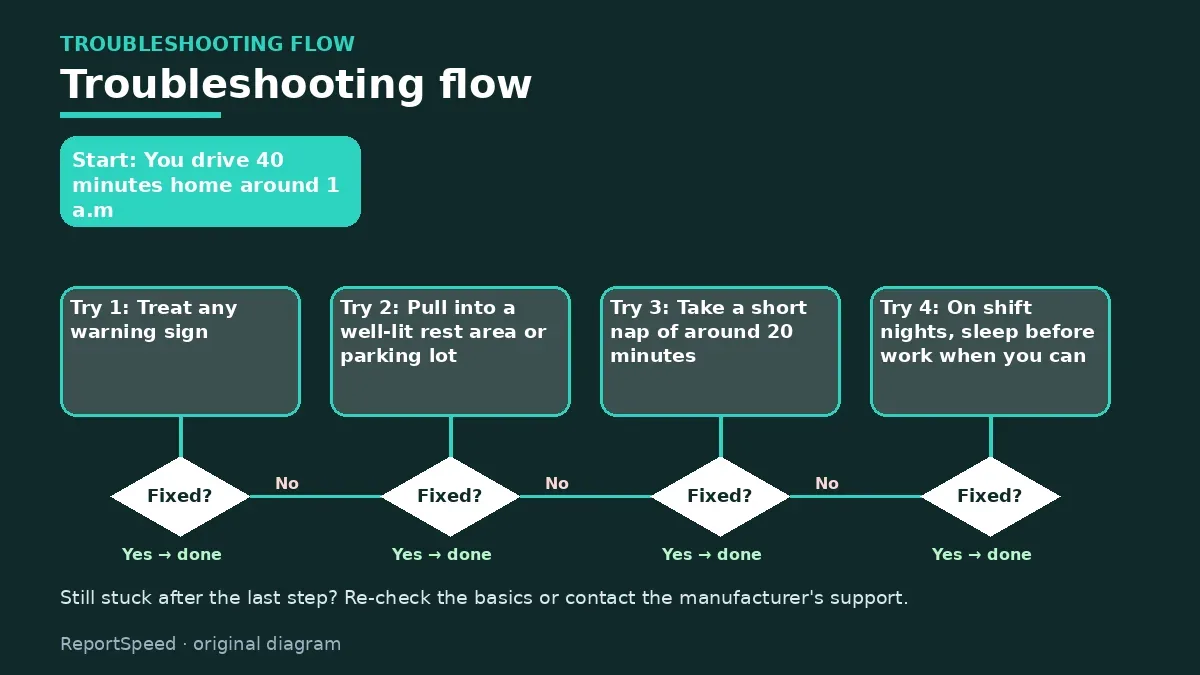 Troubleshooting flowchart: try each step in order and stop when it is fixed — Drowsy driving