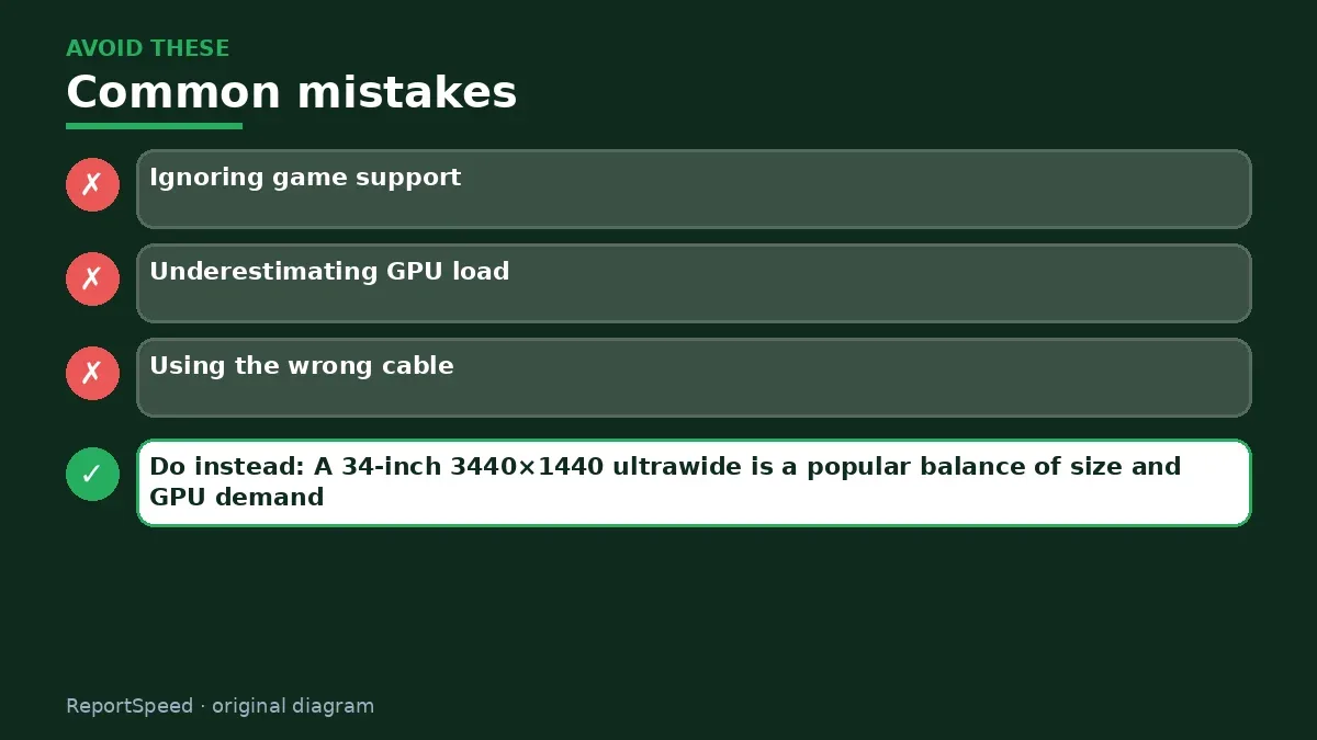 Callout graphic of common mistakes to avoid and what to do instead for Ultrawide monitor for gaming and work