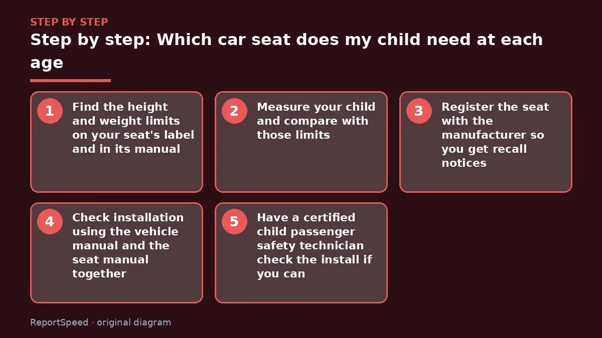 Step illustration: numbered steps for Which car seat does my child need at each age