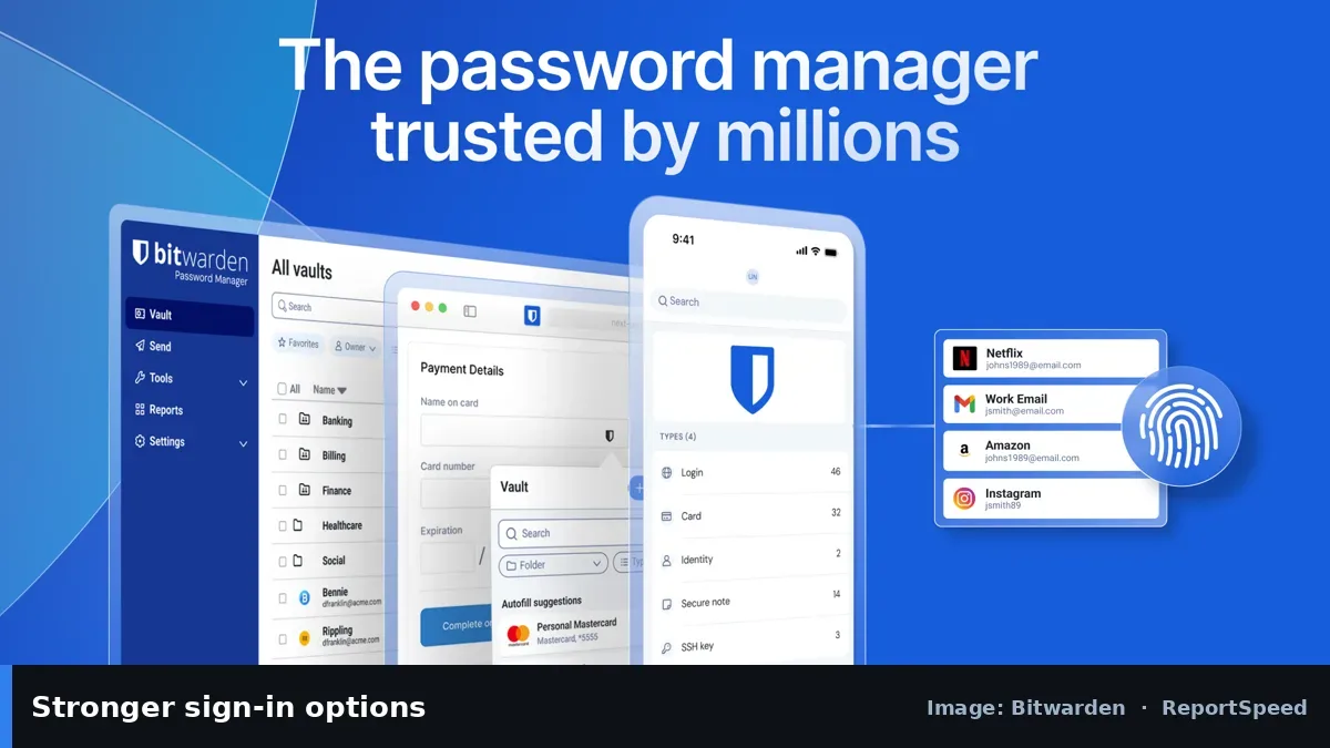 Bitwarden password manager app on desktop and phone (Bitwarden official image), annotated: Stronger sign-in options