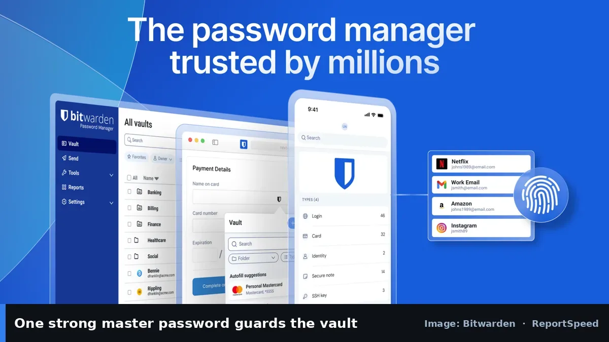 Bitwarden password manager app on desktop and phone (Bitwarden official image), annotated: One strong master password guards the vault