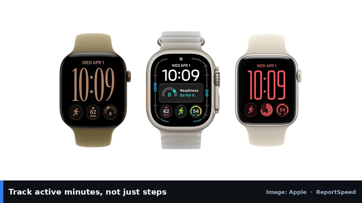 Apple Watch models (Apple official image), annotated: Track active minutes, not just steps