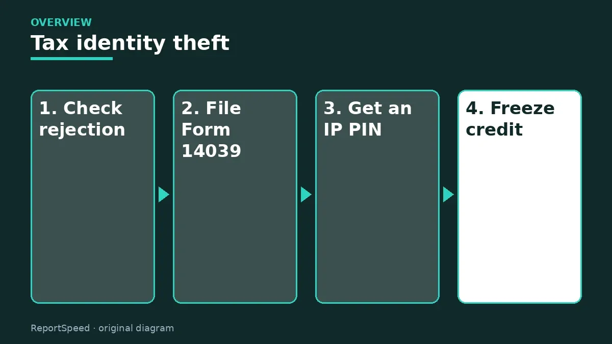 Overview diagram: Tax identity theft — Check rejection; File Form 14039; Get an IP PIN; Freeze credit