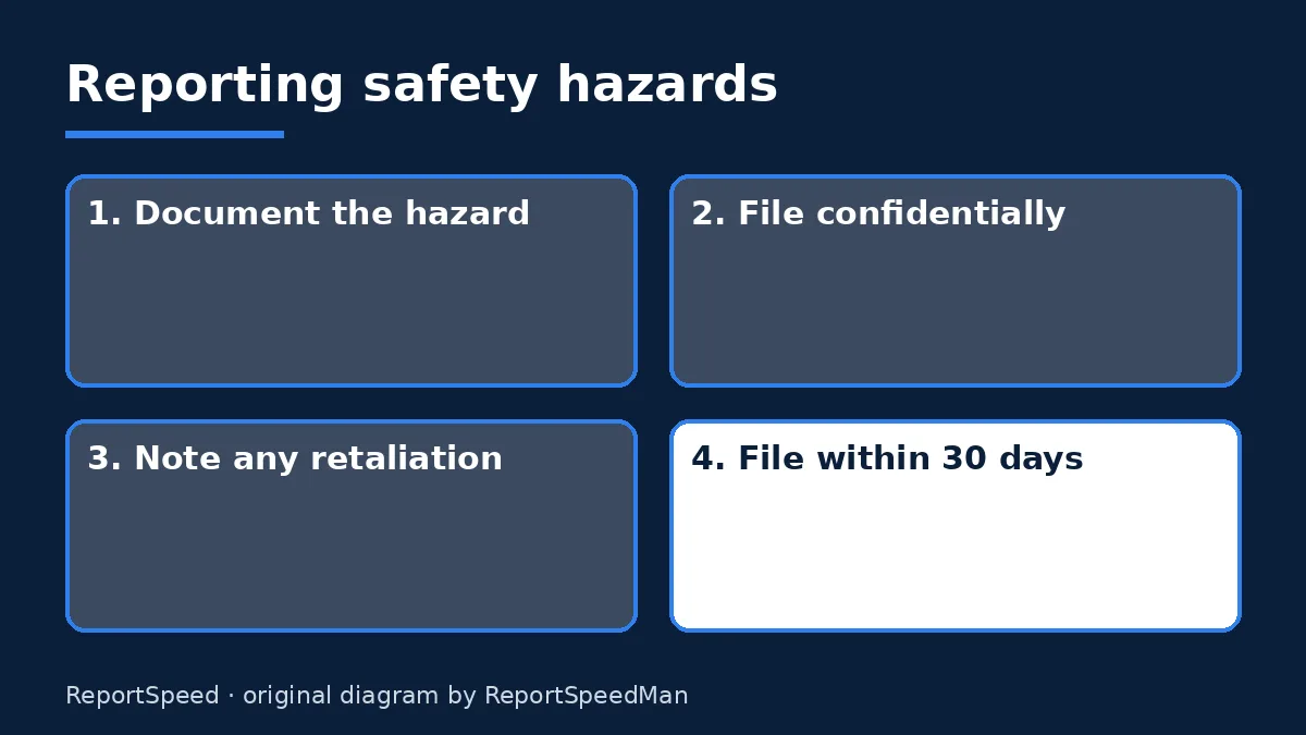 Diagram: Reporting safety hazards — Document the hazard; File confidentially; Note any retaliation; File within 30 days