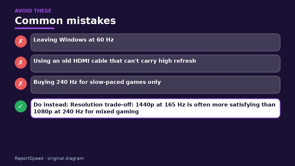 Callout graphic of common mistakes to avoid and what to do instead for 144Hz vs 240Hz monitor