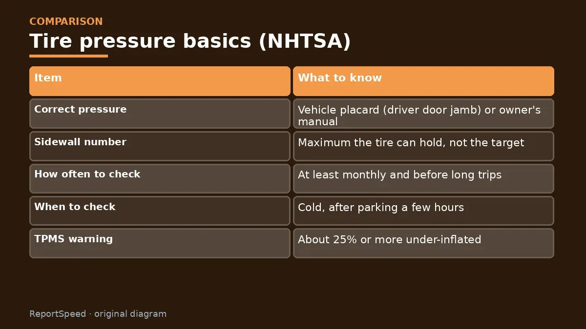 Comparison chart: Tire pressure basics (NHTSA)