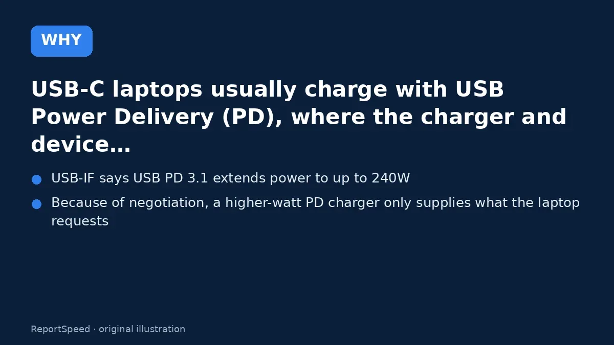 Cause: USB-C laptops usually charge with USB Power Delivery (PD), where the charger and device…