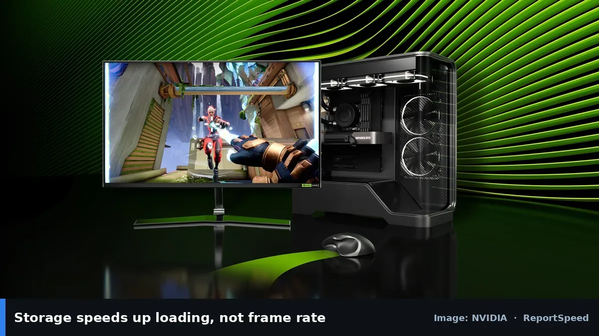 Gaming desktop and monitor from NVIDIA Reflex page (NVIDIA official image), annotated: Storage speeds up loading, not frame rate