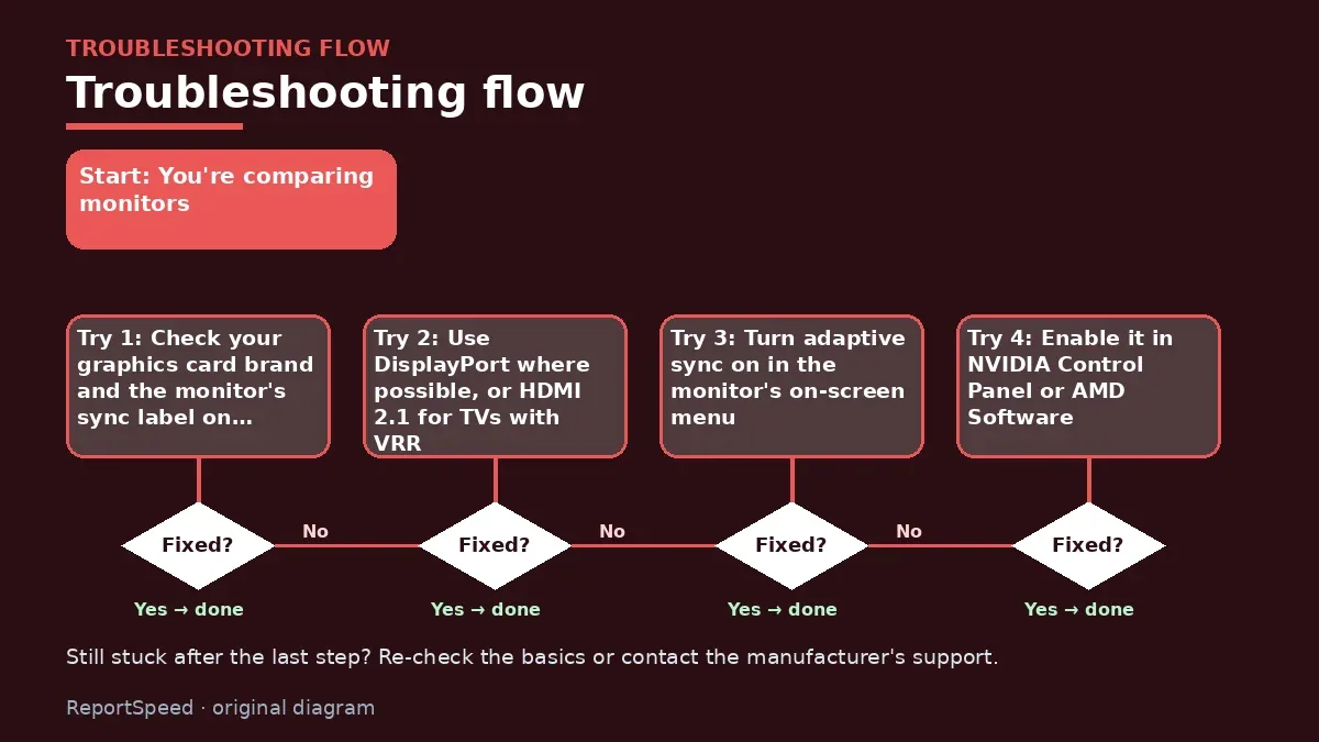 Troubleshooting flowchart: try each step in order and stop when it is fixed — G-Sync vs FreeSync