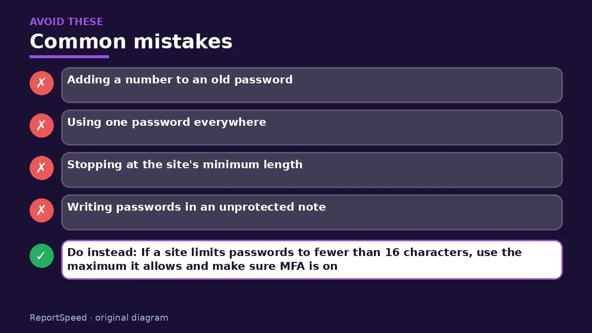 Callout graphic of common mistakes to avoid and what to do instead for How long should a password be