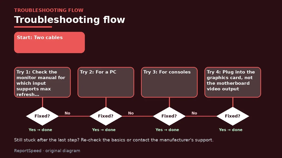 Troubleshooting flowchart: try each step in order and stop when it is fixed — DisplayPort vs HDMI for a gaming monitor
