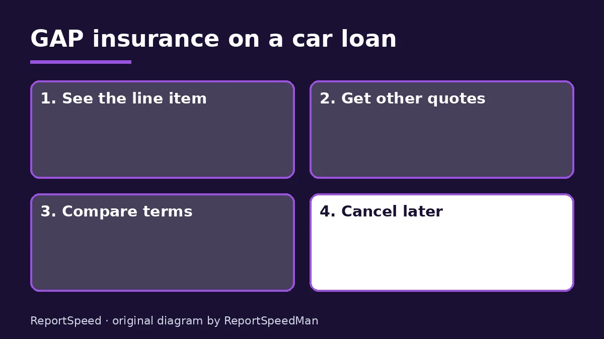 Diagram: GAP insurance on a car loan — See the line item; Get other quotes; Compare terms; Cancel later