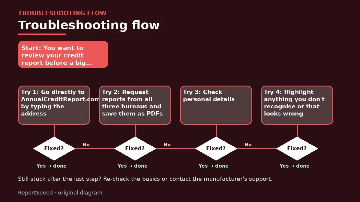 Troubleshooting flowchart: try each step in order and stop when it is fixed — How do I get my free credit report, and how often can I check it