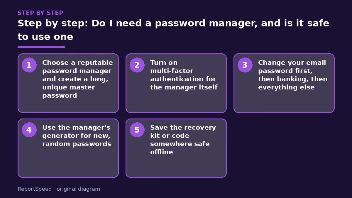 Step illustration: numbered steps for Do I need a password manager, and is it safe to use one