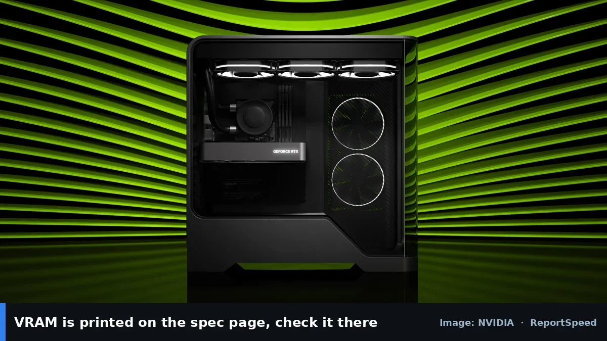 GeForce RTX 5060 family desktop PC (NVIDIA official image), annotated: VRAM is printed on the spec page, check it there