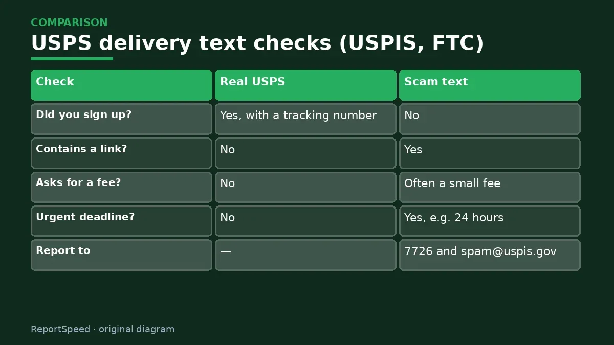Comparison chart: USPS delivery text checks (USPIS, FTC)