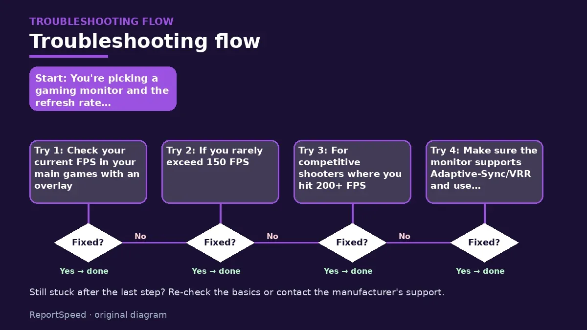 Troubleshooting flowchart: try each step in order and stop when it is fixed — 144Hz vs 240Hz monitor