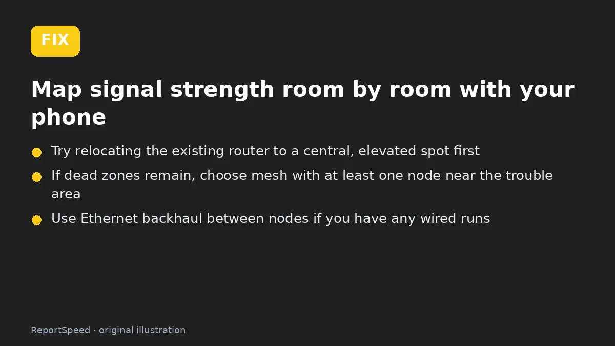 Fix steps: Map signal strength room by room with your phone; Try relocating the existing router to a central; If dead zones remain