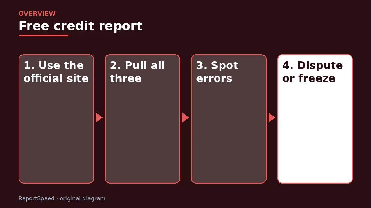 Overview diagram: Free credit report — Use the official site; Pull all three; Spot errors; Dispute or freeze