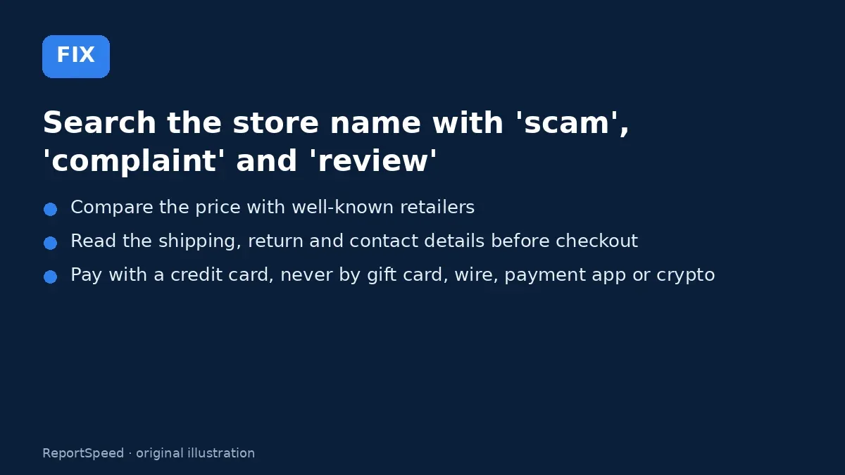 Fix steps: Search the store name with 'scam', 'complaint' and 'review'; Compare the price with well-known retailers; Read the shipping