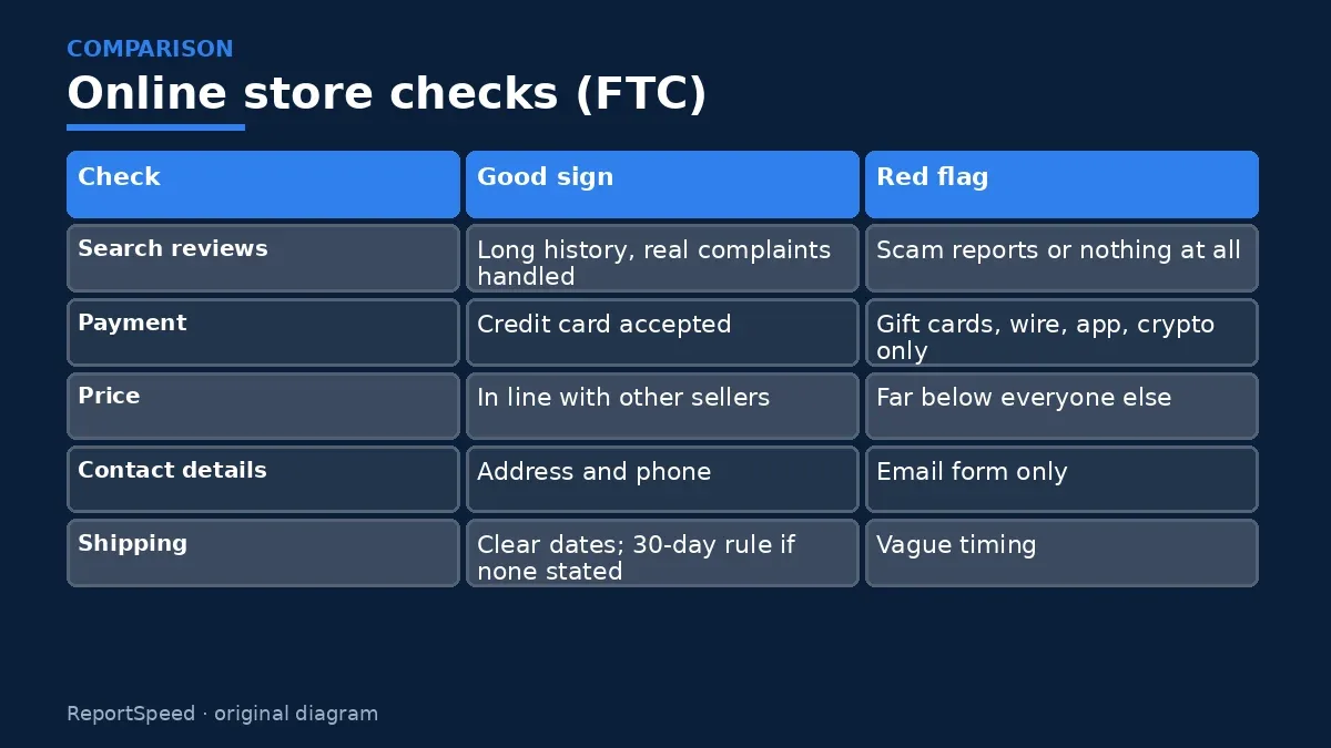 Comparison chart: Online store checks (FTC)